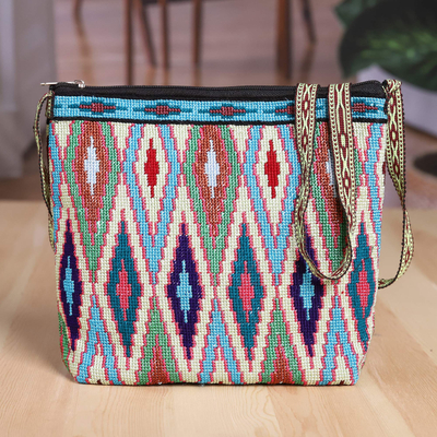 Cotton sling bag, 'Ikat Glam' - Cotton Sling Bag with Iroki Hand-Embroidered Ikat Patterns