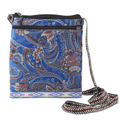 Cotton sling bag, 'Ikat Fashion' - Cotton Sling Bag with Ikat-Themed Embroidery and Leaf Motifs