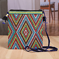 Cotton sling bag, 'Ikat Rainbow' - Embroidered Ikat-Themed Cotton Sling Bag with Striped Back