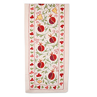 Embroidered Suzani cotton table runner, 'Prophecy of Passion' - Classic Pomegranate-Themed Cotton Suzani Table Runner