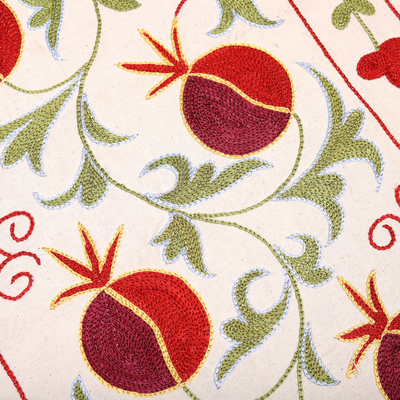 Embroidered Suzani cotton table runner, 'Prophecy of Passion' - Classic Pomegranate-Themed Cotton Suzani Table Runner