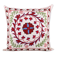 Embroidered Suzani cotton pillow sham, 'Romantic Eden' - Suzani Embroidered Scarlet and Green Cotton Pillow Sham