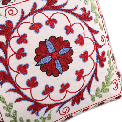 Embroidered Suzani cotton pillow sham, 'Romantic Eden' - Suzani Embroidered Scarlet and Green Cotton Pillow Sham