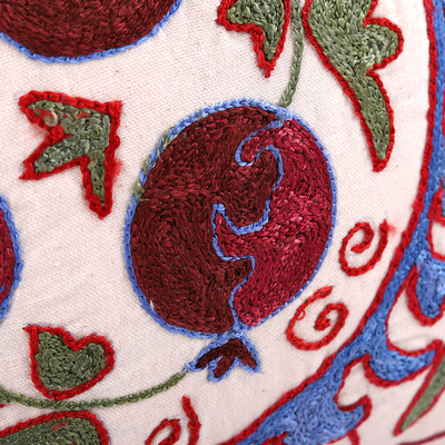 Embroidered Suzani cotton pillow cover, 'Blooming Romance' - Suzani Embroidered Pomegranate Cotton Pillow Cover