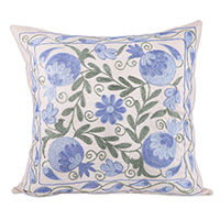 Embroidered Suzani cotton pillow cover, 'Celestial Nature' - Classic Blue and Green Pomegranate Cotton Pillow Cover