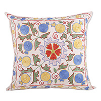 Embroidered Suzani cotton pillow cover, 'Spring Elation' - Spring-Themed Pomegranate Embroidered Cotton Pillow Cover