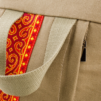 Linen backpack, 'The Glorious Adventure' - Folk Art Adjustable Red and Artichoke Linen Backpack