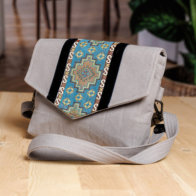 Tarp shoulder bag, 'The Celestial Day' - Handcrafted Grey and Blue Cotton and Tarp Shoulder Bag