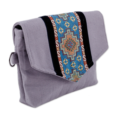 Tarp shoulder bag, 'The Celestial Day' - Handcrafted Grey and Blue Cotton and Tarp Shoulder Bag
