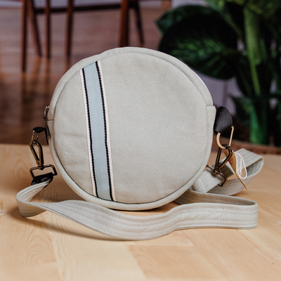 Tarp sling bag, 'Cycle of Style' - Handcrafted Adjustable Round Blue and Grey Sling Bag