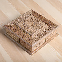 Wood jewellery box, 'Splendid Square' - Floral Hand-Carved Walnut Wood jewellery Box with Four Drawers