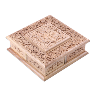Wood jewelry box, 'Splendid Square' - Floral Hand-Carved Walnut Wood Jewelry Box with Four Drawers