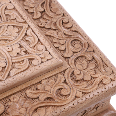 Wood jewelry box, 'Splendid Square' - Floral Hand-Carved Walnut Wood Jewelry Box with Four Drawers