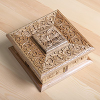 Wood jewelry box, 'Dreamy Square' - Hand-Carved Walnut Wood Jewelry Box with Floral Details