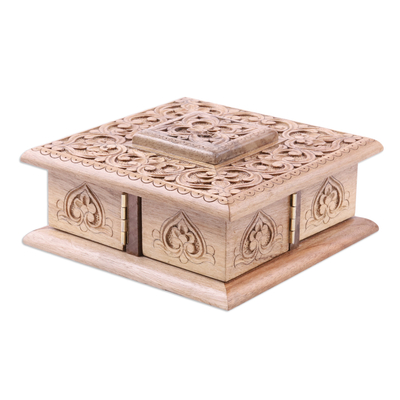 Wood jewelry box, 'Dreamy Square' - Hand-Carved Walnut Wood Jewelry Box with Floral Details