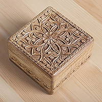 Wood jewelry box, 'Great Palace' - Traditional Floral Hand-Carved Walnut Wood Jewelry Box