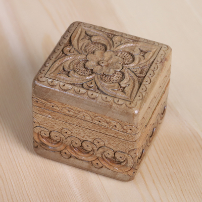 Wood ring box, 'Little Palace' - Folk Art Floral Hand-Carved Walnut Wood Ring Box
