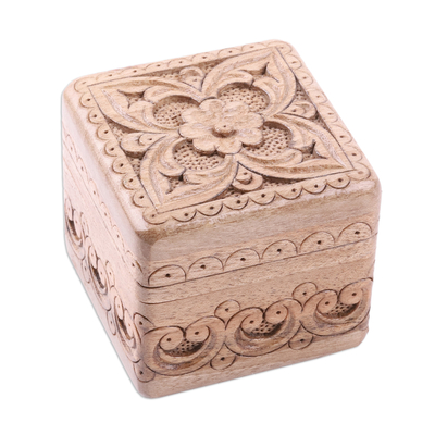 Wood ring box, 'Little Palace' - Folk Art Floral Hand-Carved Walnut Wood Ring Box