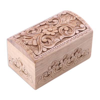 Wood jewelry box, 'Khiva's Treasure' - Hand-Carved Floral Walnut Wood Jewelry Box from Uzbekistan