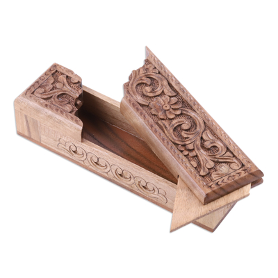 Wood puzzle box, 'Khiva's Enigma' - Folk Art Floral Walnut Wood Puzzle Box from Uzbekistan