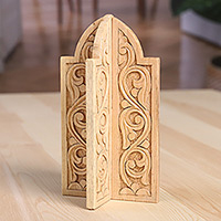 Wood home accent, 'Minaret's Aura' - Handmade Leafy Minaret-Shaped Walnut Wood Home Accent
