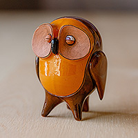 Ceramic figurine, 'Wise Eyes' - Glazed Owl-Shaped Orange and Brown Ceramic Figurine