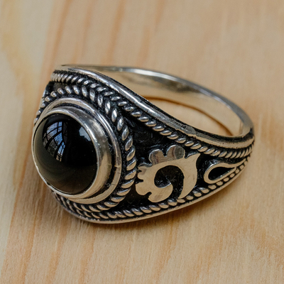 Men's agate domed ring, 'Night Hero' - Men's Traditional Polished Agate Domed Ring from Kazakhstan
