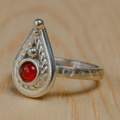 Carnelian cocktail ring, 'Glorious Flame' - Polished Classic Natural Carnelian Drop-Shaped Cocktail Ring