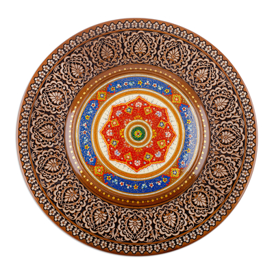 Wood wall accent, 'Visions of Divinity' - Hand-Carved Painted Floral Round Walnut Wood Wall Accent