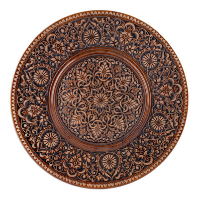 Wood wall accent, 'Visions of Magnificence' - Hand-Carved Classic Floral Round Walnut Wood Wall Accent