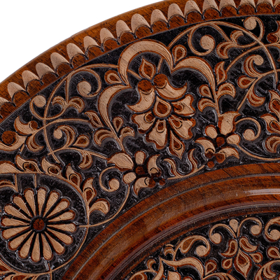 Wood wall accent, 'Visions of Magnificence' - Hand-Carved Classic Floral Round Walnut Wood Wall Accent