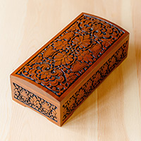 Cofre de madera, 'The Classic Glory' - Cofre de madera de nogal floral clásico pulido tallado a mano