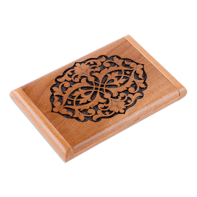 Wood card holder, 'Signs of Majesty' - Hand-Carved Classic Floral Walnut Wood Card Holder