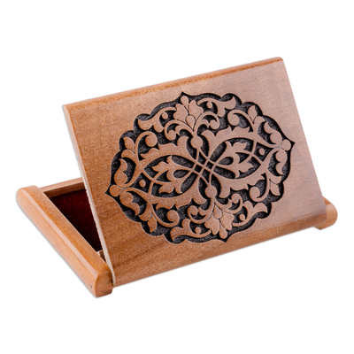 Wood card holder, 'Signs of Majesty' - Hand-Carved Classic Floral Walnut Wood Card Holder