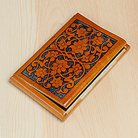 Wood card holder, 'Signs of Nobility' - Hand-Carved Polished Floral Walnut Wood Card Holder