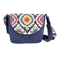 Cotton blend sling bag, 'Regal Waters' - Adjustable Floral Dark Blue Cotton Blend Sling Bag