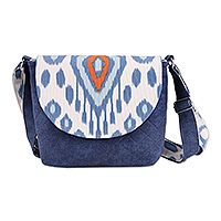 Cotton blend ikat sling bag, 'Dreamy Waters' - Adjustable Dark Blue Cotton Blend Ikat Sling Bag