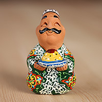 Figura de porcelana, 'Afandi Plov in Green' - Figura de hombre con bata de porcelana estilo loza pintada uzbeka