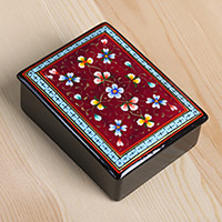 Papier mache jewelry box, 'Blooming Palace' - Lacquered Painted Floral Burgundy Papier Mache Jewelry Box