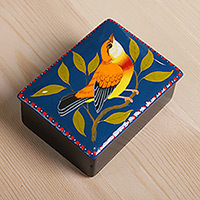 Papier mache jewelry box, 'Lagoon's Bird' - Hand-Painted Bird-Themed Teal Papier Mache Jewelry Box