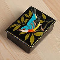 Papier mache jewellery box, 'Midnight's Bird' - Hand-Painted Bird-Themed Black Papier Mache jewellery Box