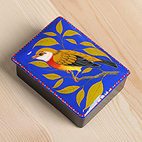 Papier mache jewelry box, 'Paradise's Bird' - Hand-Painted Bird-Themed Blue Papier Mache Jewelry Box