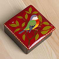 Papier mache jewelry box, 'Chant in Red' - Nature-Themed Painted Bird Papier Mache Jewelry Box in Red