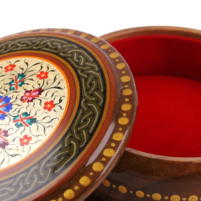 Papier mache jewelry box, 'Cycle of Nobility' - Handcrafted Floral Golden and Brown Walnut Wood Jewelry Box