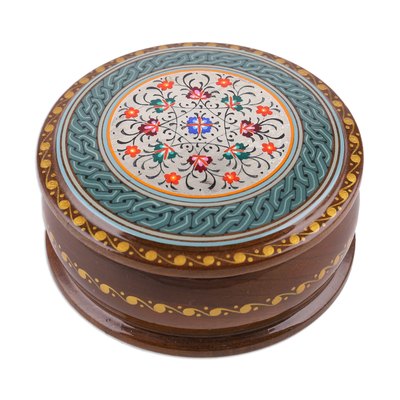 Papier mache jewelry box, 'Cycle of Serenity' - Handcrafted Floral Silver and Brown Walnut Wood Jewelry Box