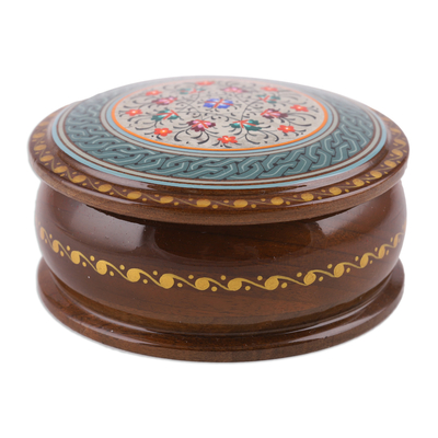 Papier mache jewelry box, 'Cycle of Serenity' - Handcrafted Floral Silver and Brown Walnut Wood Jewelry Box