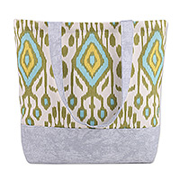 Cotton blend ikat tote bag, 'Harmonious Occasion' - Ikat-Patterned Green and Grey Cotton Blend Tote Bag