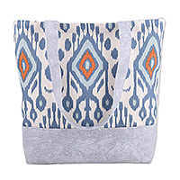Cotton blend ikat tote bag, 'Dreamy Occasion' - Ikat-Patterned Blue and Grey Cotton Blend Tote Bag
