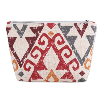 Cotton blend cosmetic bag, 'Red Legends' - Geometric-Patterned Red Cotton Blend Cosmetic Bag