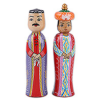 Wood figurines, 'Regal Marriage' (set of 2) - Set of 2 Painted Traditional Wood Bride and Groom Figurines